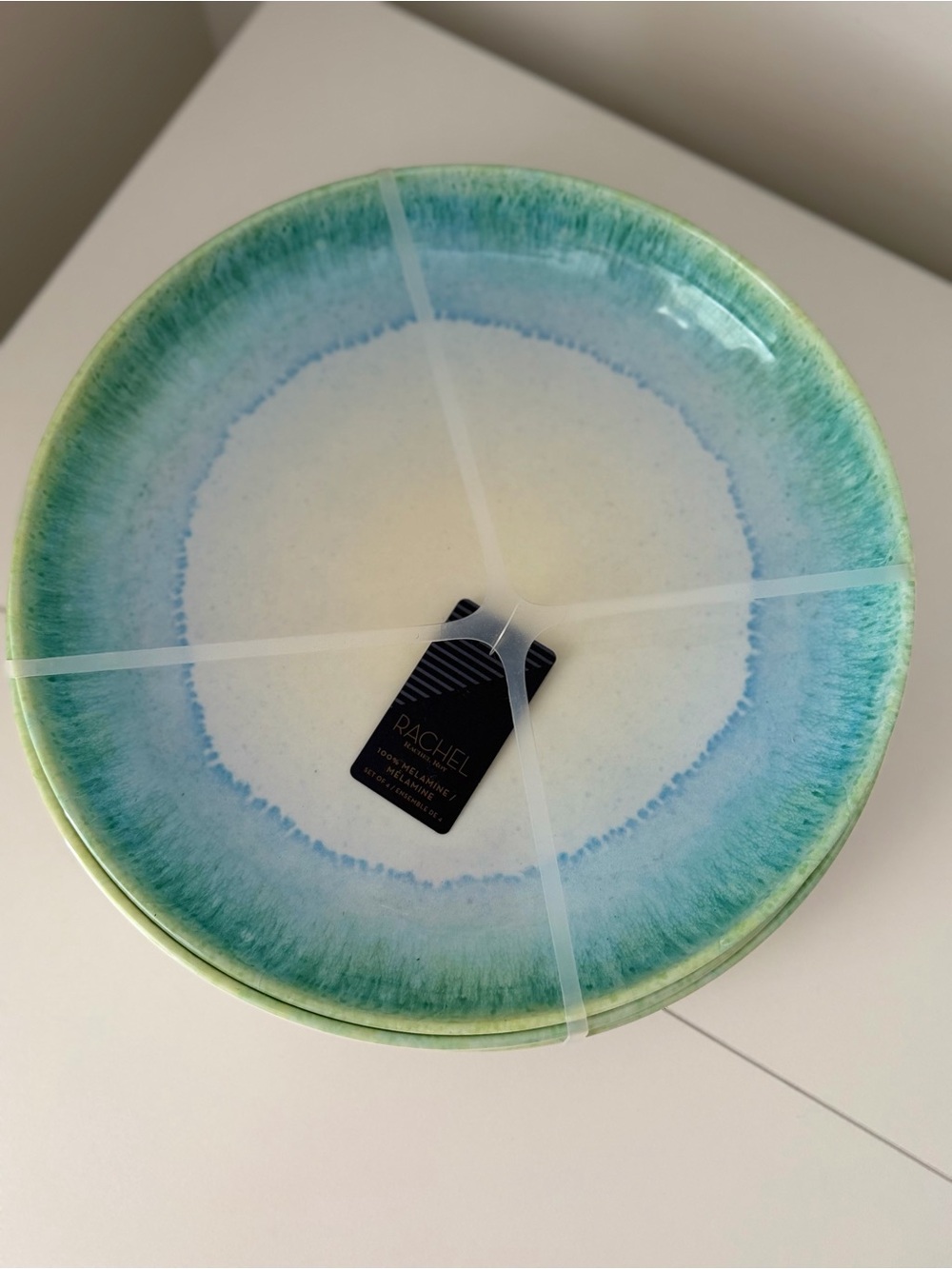 Rachel Ashwell 4 Dinner Plates 11" Melamine Blue Green Coastal Beach Set NWT